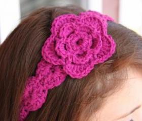 Flower Headband Crochet Hair Tie Magenta