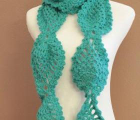 Turquoise Crochet Scarf Women's Chunky Lace Pineapple Motif Scarf