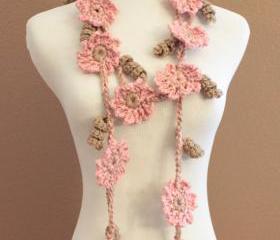 Crochet Flower Scarf Lariat Women's Fashion Pink and Brown Flowers