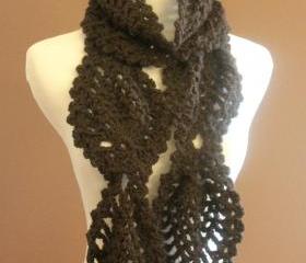 Womens Crochet Scarf Espresso Brown Chunky Lace Pineapple Motif