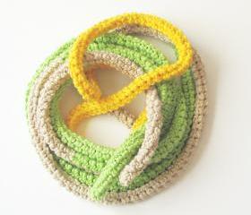 Crochet skinny scarf - extra long necklace - bright colors cotton - Natural, green and yellow
