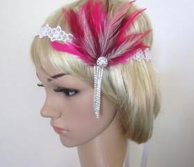 Bright pink, burgundy and ivory feather rhinestone 1920s flapper headband