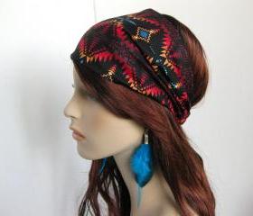 Navajo Bandana Women's Head Wrap Multi Color and Black Aztec Cotton Print Fabric Headband
