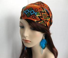 Navajo Bandana Women's Hair Head Wrap Multi Color Black Orange Teal Geen Aztec Cotton Print Fabric Headband