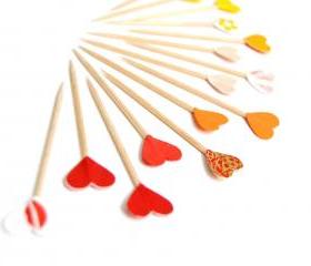 15 Red, Orange, Yellow Party Picks Hearts Cupcake Toppers - Autumn Fall Halloween Colors