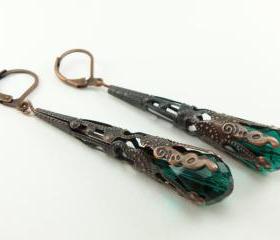 Copper Earrings Emerald Green Jewelry Long Dangle Earrings Victorian Steampunk Jewelry Filigree
