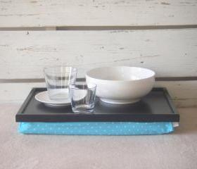 Laptop Lap Desk or Breakfast serving Tray - Black with Aqua and White polka Dots - Custom Order
