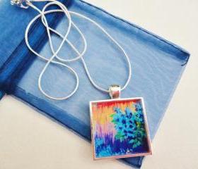 SHADES of BEAUTIFUL Resin Necklace, OOAK Abstract Acrylic Painting Design High Quality Handmade Art Jewelry Pendant Silver Plated Xmas Gift