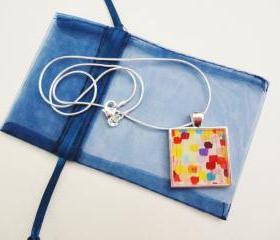 DOTTIE Resin Necklace, OOAK Abstract Acrylic Painting Design Polka Dot Handmade Art Jewelry Pendant Silver Plated Xmas Gift For Her
