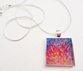 SPLASH, Revisited Resin Necklace, OOAK Abstract Acrylic Painting High Quality Handmade Art Jewelry Pendant Silver Plated Christmas Gift