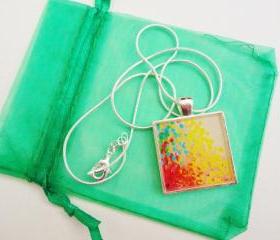 CREATION in COLOUR Resin Necklace, OOAK Abstract Acrylic Painting Image High Quality Handmade Art Jewelry Pendant Silver Plated Gift for Her