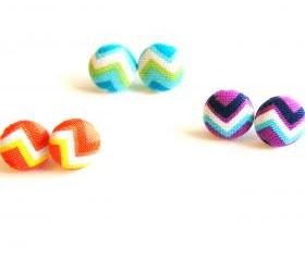 Chevron Fabric Button Stud Earrings