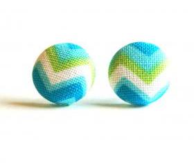 Chevron Button Covered Stud Earrings - Blue
