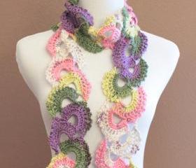 Lace Crochet Scarf Queen Annes Lace Ombre Varigated Multicolor Pastel Colors