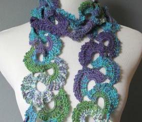 Womens Crochet Scarf Queen Annes Lace Crochet Scarf Ombre Multicolor Varigated Jewel Tones