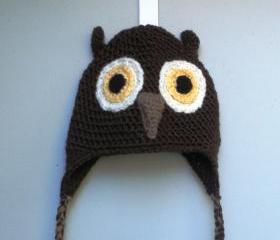 Unisex crochet Owl beanie with earflaps for infants-toddlers, ready to ship.