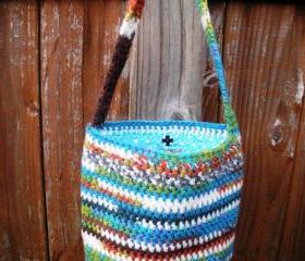 Multicolor crochet shoulder purse with turquoise flannel star print lining, ready to ship.