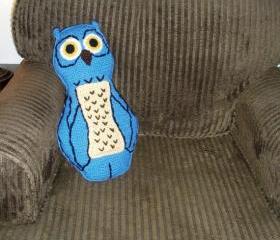 Large Crochet Owl Throw Pillow in blue, ready to ship.