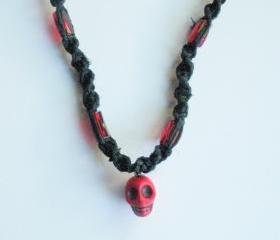 Black Hemp Necklace with Red Skull Charm Pendant, ready to ship.