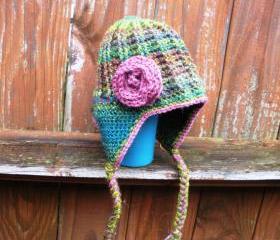 Toddler Girls crochet earflap beanie hat with rose applique, ready to ship