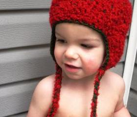 Crochet Strawberry earflap beanie hat size infant to toddler, ready to ship.