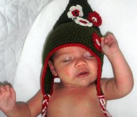Whimsical Crochet Elven Baby Hat, Christmas Elf Hat with earflaps, ready to ship.