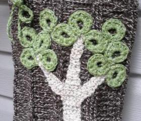 The Giving Tree, a crochet wool handbag with OOAK tree detail and polka dot lining, ready to ship.
