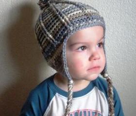 Unisex crochet infant or toddler hat - beanie with earflaps and pom pom poof, ready to ship.