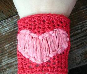 Crochet Hemp Wide Valentine Cuff Bracelet , red with pink heart, ready to ship.