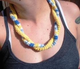 Double Twist Crochet Cotton Necklace in spring yellows and blues, ready to ship.