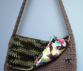 Camouflage and khaki crochet small shoulder purse with flap and butterfly lining, ready to ship.