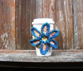 Crochet Coffe Cozy Drink Cozy recycled cotton blend with floral embellishment, ready to ship.