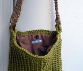 Evergreen olive cotton crochet purse with flannel lining, ready to ship.
