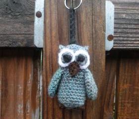 Miniature Plush Crochet Owl Keychain in light turquoise blue variegated, ready to ship.