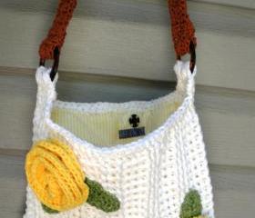 Summer Blooms, crochet white cotton shoulder purse with rose detail and flannel lining, ready to ship.