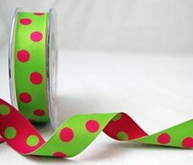 2 mtrs X Pink and Green Reversible Dots Satin Ribbon