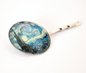 Van Gogh's Starry Night round bobby pin with glass dome