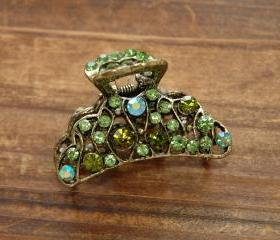 Peridot Rhinestone Wavy Filigree Hair Claws