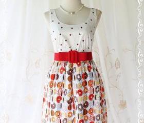 Floral Party ll - Adorable Sundress Party Day Dress White Top With Apple Heart Printed White Skirt Playful Cutie Candy Donuts Print XS-S