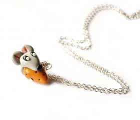 Mouse and cheese necklace in polymer clay