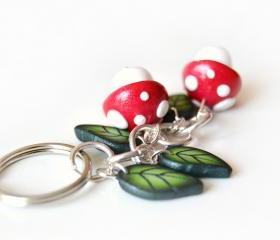 Mushrooms and leaves keyring in polymer clay