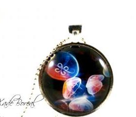 Colorful jellyfish glass pendant necklace-Deep ocean series