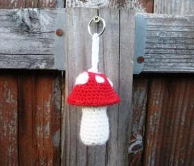 Red Mushroom Toadstool Crochet Plush Keychain, ready to ship