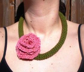 Olive Green Cotton Crochet Necklace with Large Pink Hemp Rose, ready to ship.