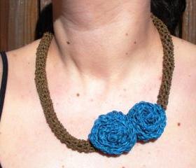 Crochet Necklace with Double Turquoise Roses, ready to ship.