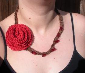 Hemp Crochet Necklace with Red Rose and Beading detail, ready to ship