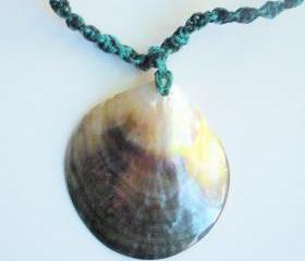 Large Black Lip Shell macrame necklace on two tone spiral chord.