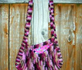 Pink and Brown Crochet purse with flannel floral print lining, ready to ship.