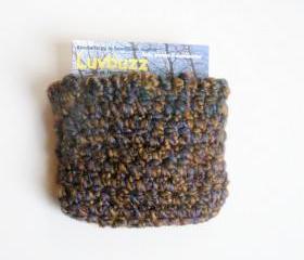 small crochet wallet/card pouch with floral/butterfly lining.
