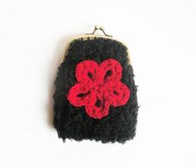 Black boucle coin purse, pouch with red floral applique and ball clasp closure, ready to ship.